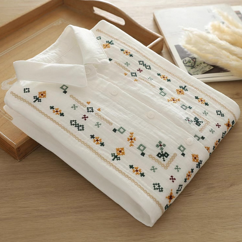 春・ダブルガーゼ・コットン100%・ブラウス・刺繍・秋