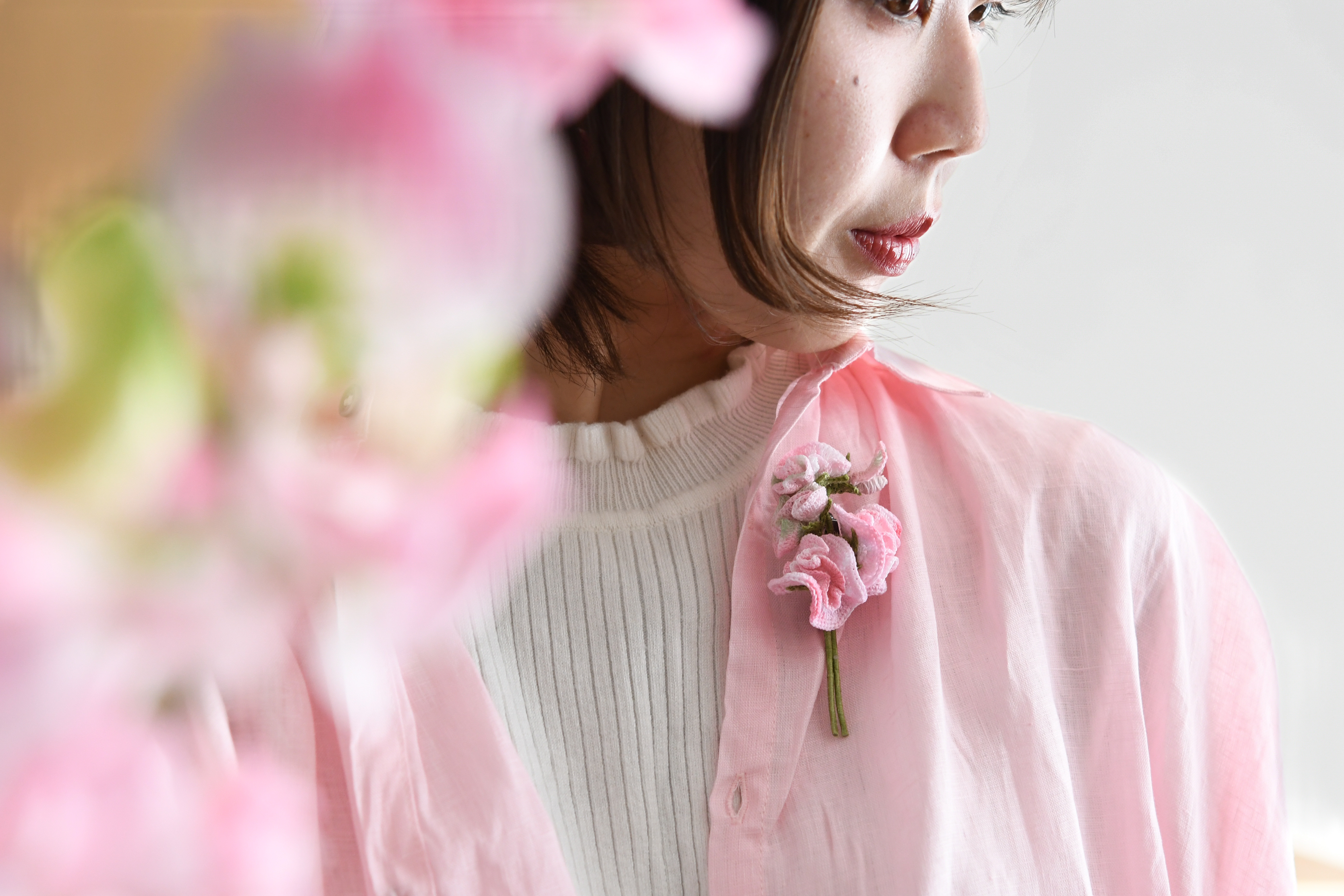 【受注制作20日】ブローチ　スイートピー（ピンク）　手編み　レース編み