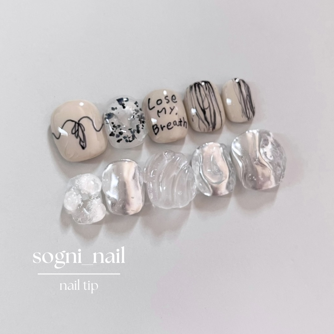 No.16 ネイルチップ　落書きネイル　シルバーネイル　クリアネイル　ミラーネイル　ちくはぐ　ぷっくりネイル　立体ネイル