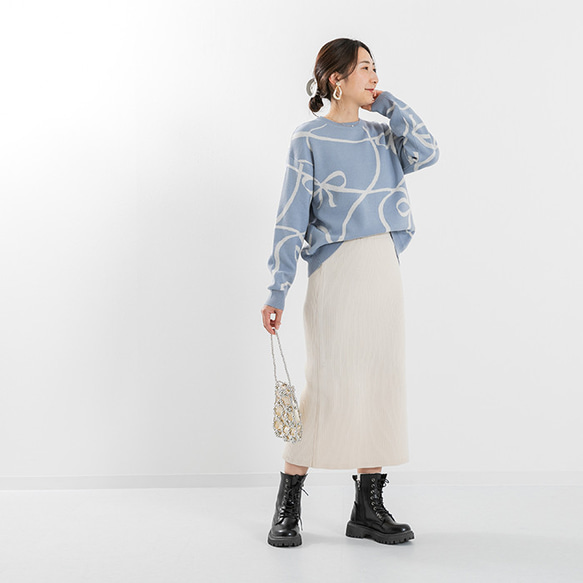 【全３色】これからの時期にオススメ！蒸れにくい綿混ニット 線描きリボン柄 25020 15枚目の画像