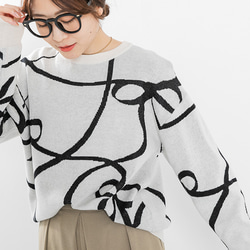 【全３色】これからの時期にオススメ！蒸れにくい綿混ニット 線描きリボン柄 25020 8枚目の画像