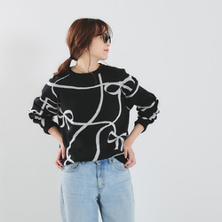 【全３色】これからの時期にオススメ！蒸れにくい綿混ニット 線描きリボン柄 25020 20枚目の画像