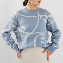 【全３色】これからの時期にオススメ！蒸れにくい綿混ニット 線描きリボン柄 25020 11枚目の画像