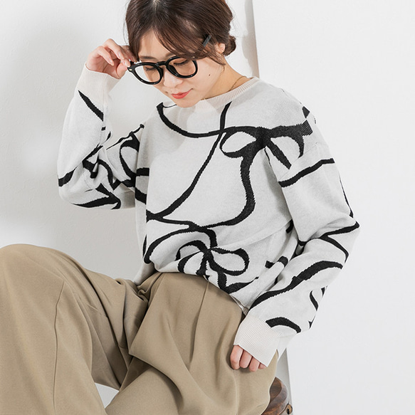 【全３色】これからの時期にオススメ！蒸れにくい綿混ニット 線描きリボン柄 25020 6枚目の画像