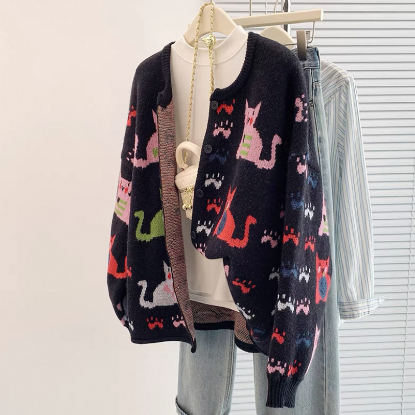 春、カーディガン、ニット、ジャカード、秋冬、防寒対策、ネコ