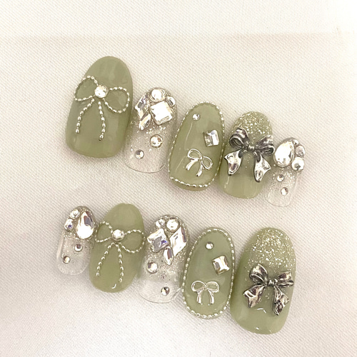 design239】グリーン リボンネイルチップ ネイルチップ（つけ爪