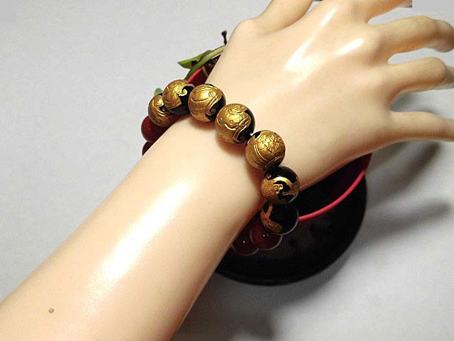 天然石 オニキス七福神+レッドアゲートブレスレット 内周18.8cm 　　250720070