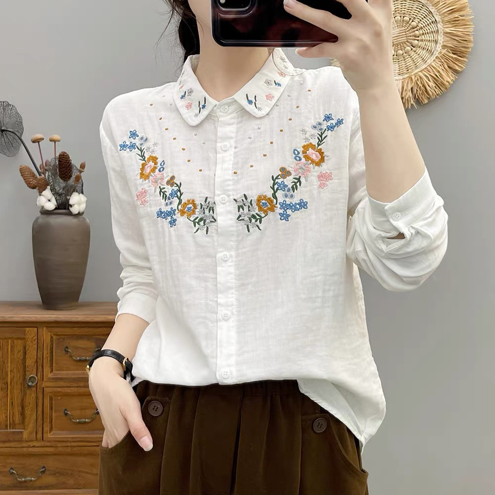 春・シャツ・コットン100%・トップス・吸汗速乾・秋・刺繍