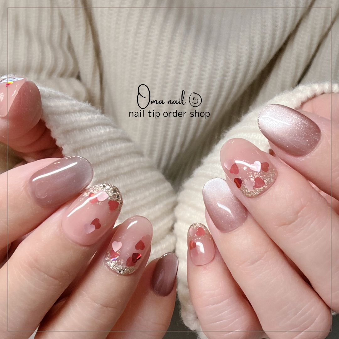 no.035ハートホロうめつくし リボン 赤マグネットネイルチップ バレンタイン