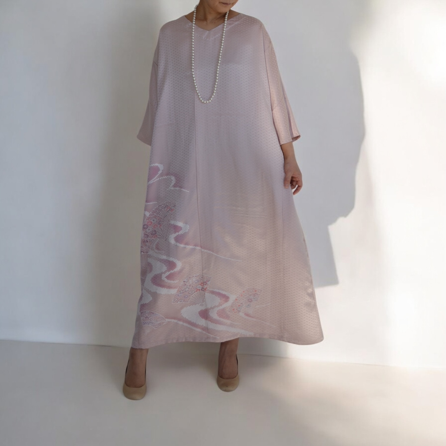 XL ,訪問着リメイク ワンピース ,和柄 正絹 シルク 着物リメイク ドレス,流水模様