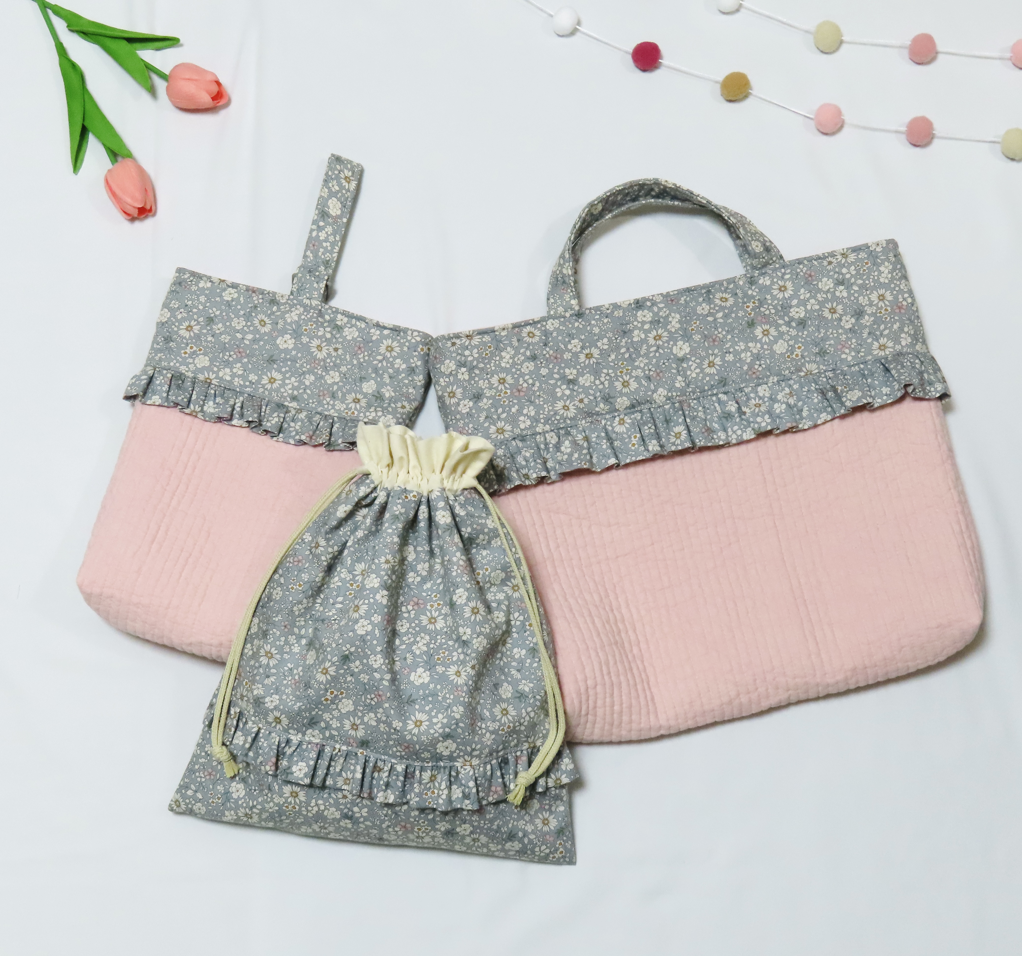 ☆送料無料☆上品可愛い♡花柄♡フリルつき♡ヌビレッスンバッグ