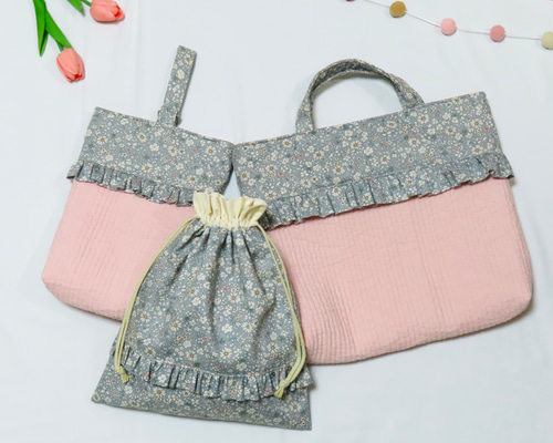 うさぎ柄フリル 入学入園セット お着替え袋 レッスンバック 上履き入れ ☆送料無料☆上品可愛い♡花柄♡フリルつき♡ヌビレッスンバッグ