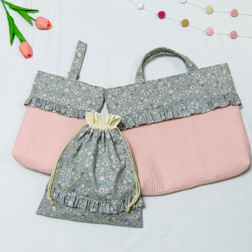 ヌビ レッスンバッグ 女の子 ピンク くすみ 上履き袋 花柄 入園入学