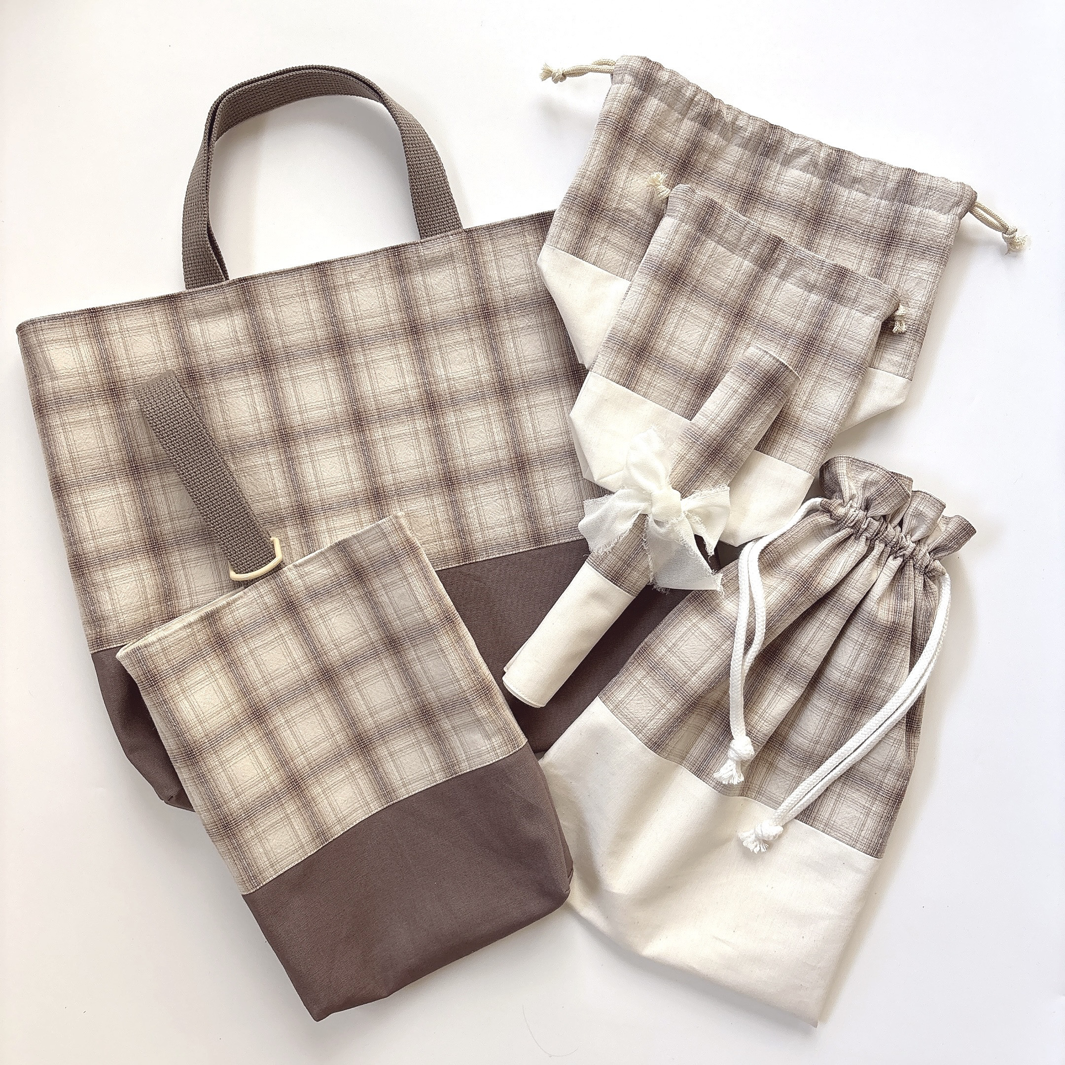 入園入学グッズ6点セット 【natulal brown check】サイズオーダー　レッスンバッグ・上履き入れ・巾着