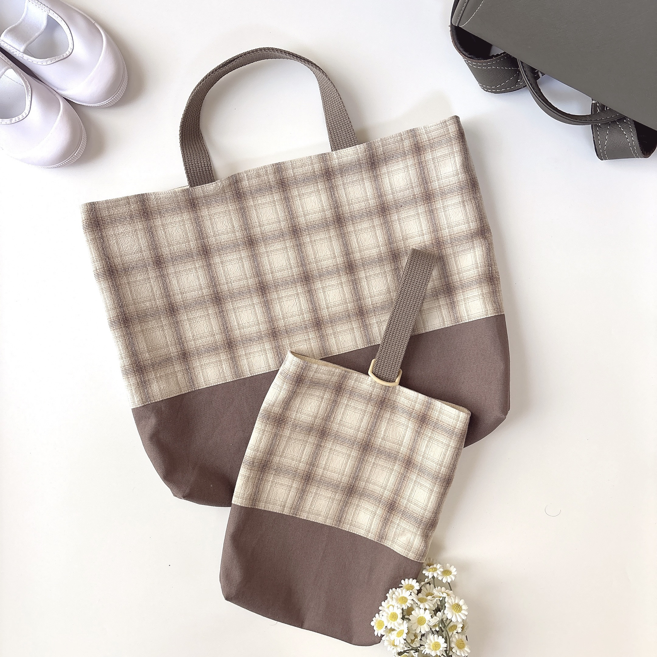 入園入学2点セット【natulal brown check】ブラウンチェック　レッスンバッグ&上履き入れ　サイズオーダー