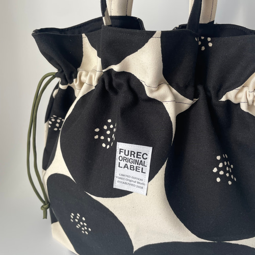 9.5号帆布 あんぱん柄ブラック【Mサイズ】巾着トートバッグ 巾着バッグ