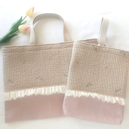 送料無料】チューリップ刺繍のヌビバッグ レッスンバッグと上靴