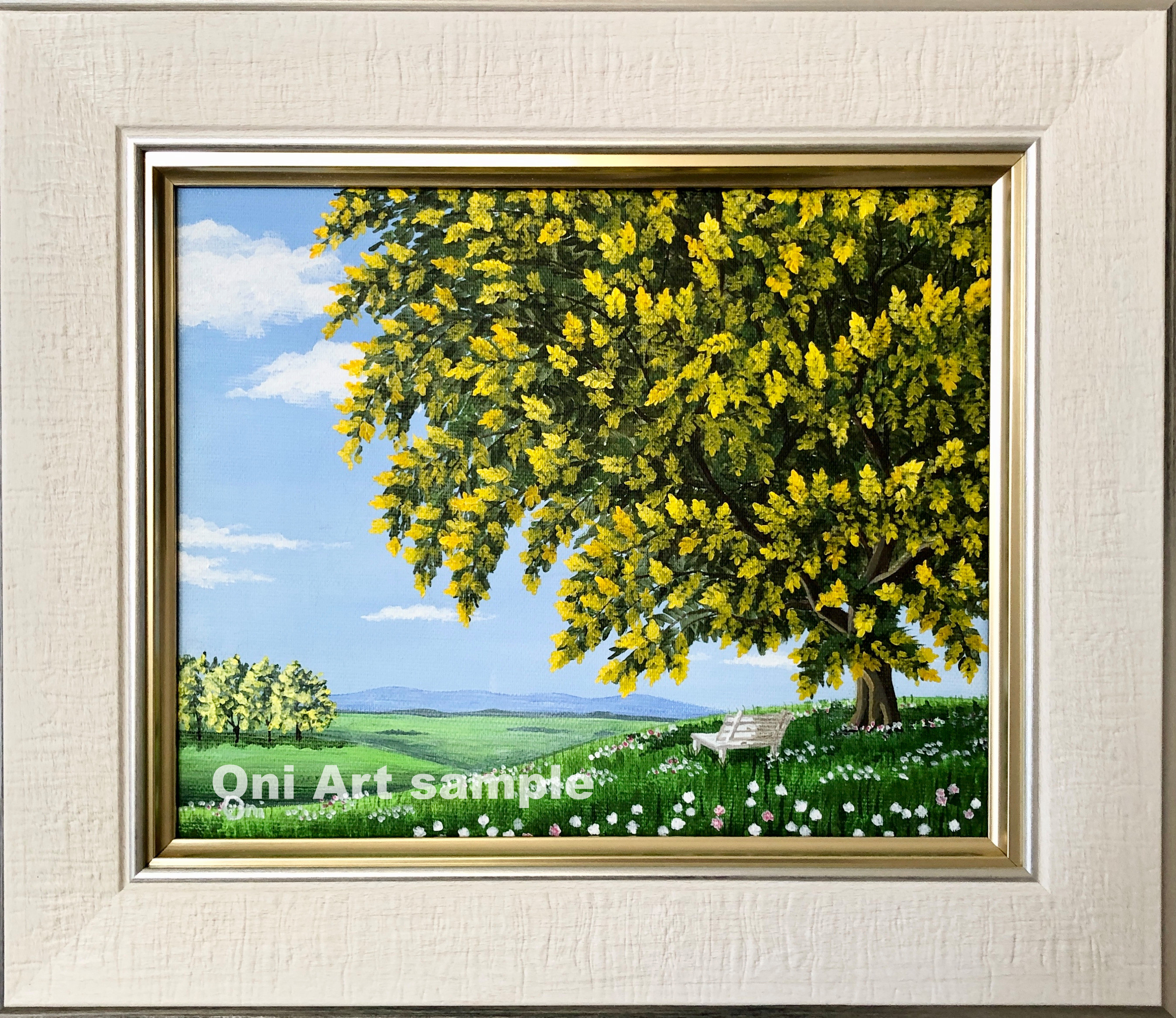 アクリル画　原画　「ミモザの下で02」額縁付　F3サイズ　キャンバス アクリル画 原画 「ミモザの下で02」額縁付 F3サイズ キャンバス