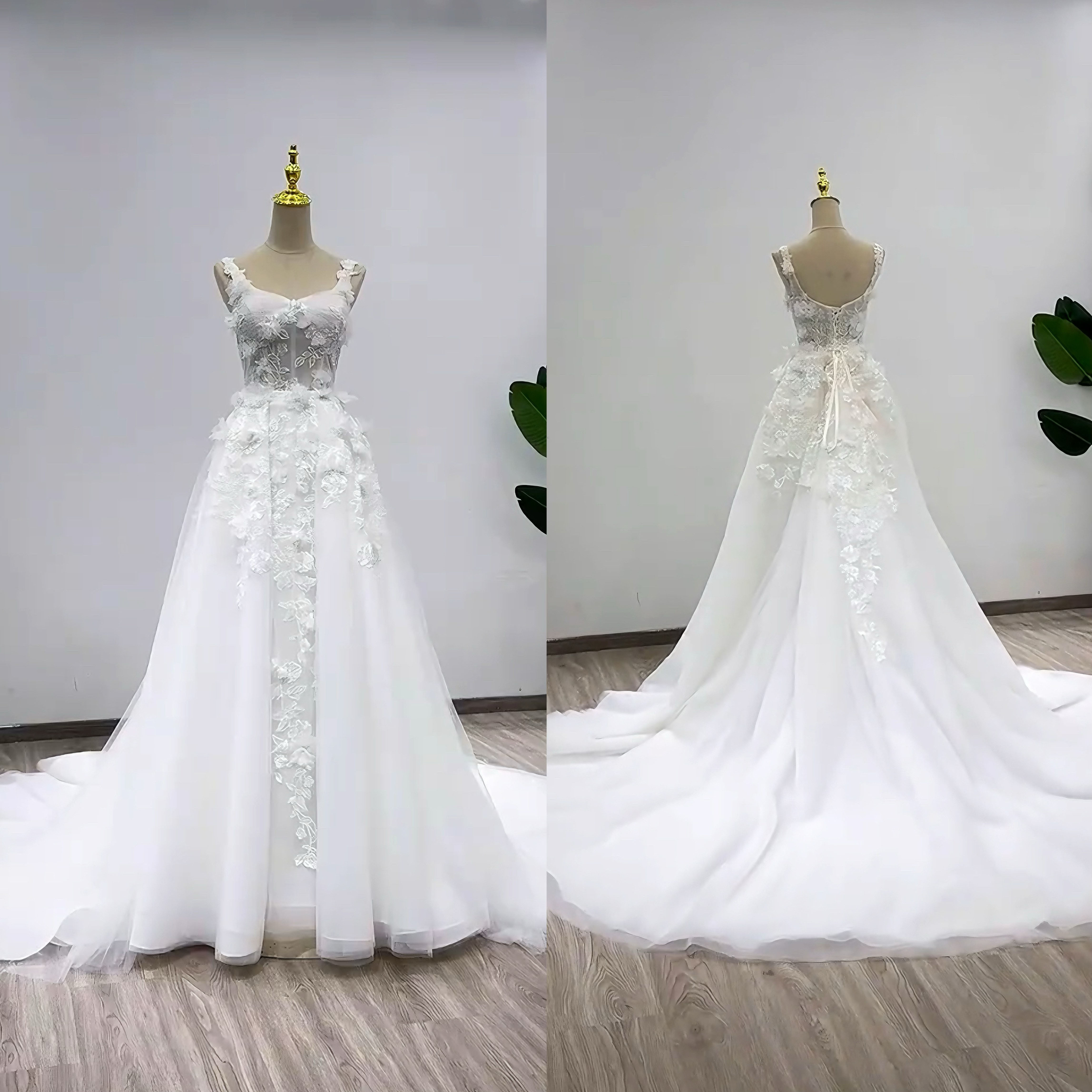 優雅　リーフ刺繍　立体感　ソフトチュール　ホワイト　上品　パーディードレス　編みあげ　細見えシルエット花嫁お呼ばれ披露宴