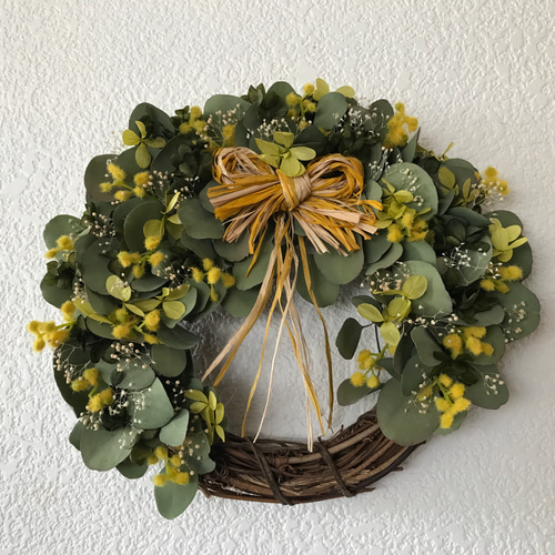 受注制作ミモザとユーカリのナチュラルリースLL