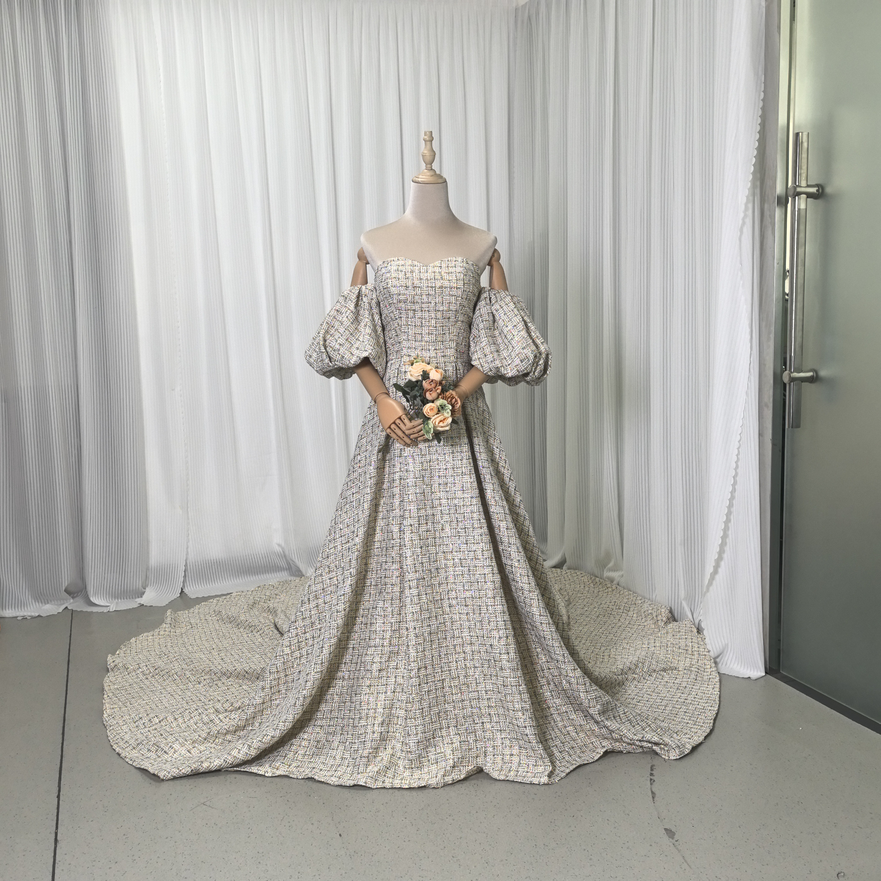 送料無料！パーティードレス  取り外し袖 ツイードドレス  披露宴 前撮り 2次会 ロングワンピース 編み上げ