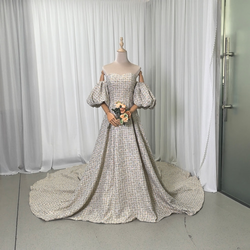 オフショルツイードドレス　結婚式　前撮り 2次会　披露宴ドレス 前撮りドレス オフショルツイードドレス結婚式前撮り 2次会披露宴ドレス 前