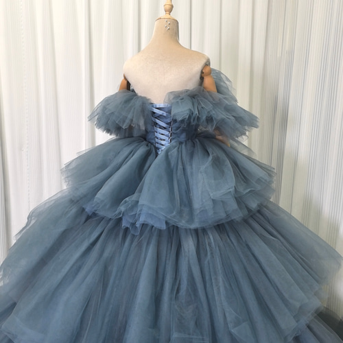 送料無料！カラードレス ブルーグレー ティアードのドレス オフショル  