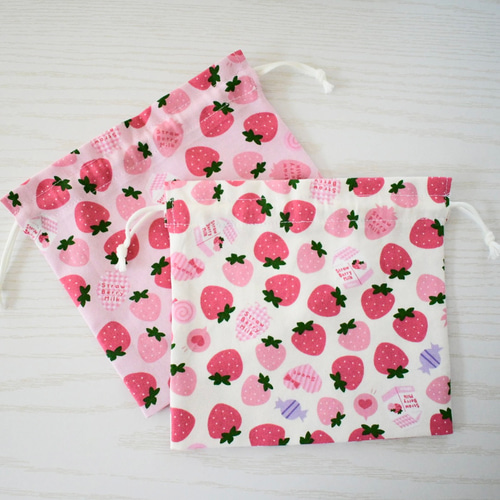 お弁当袋&コップ袋 いちごお花 ピンク 給食袋 苺 入園 入学 送料無料