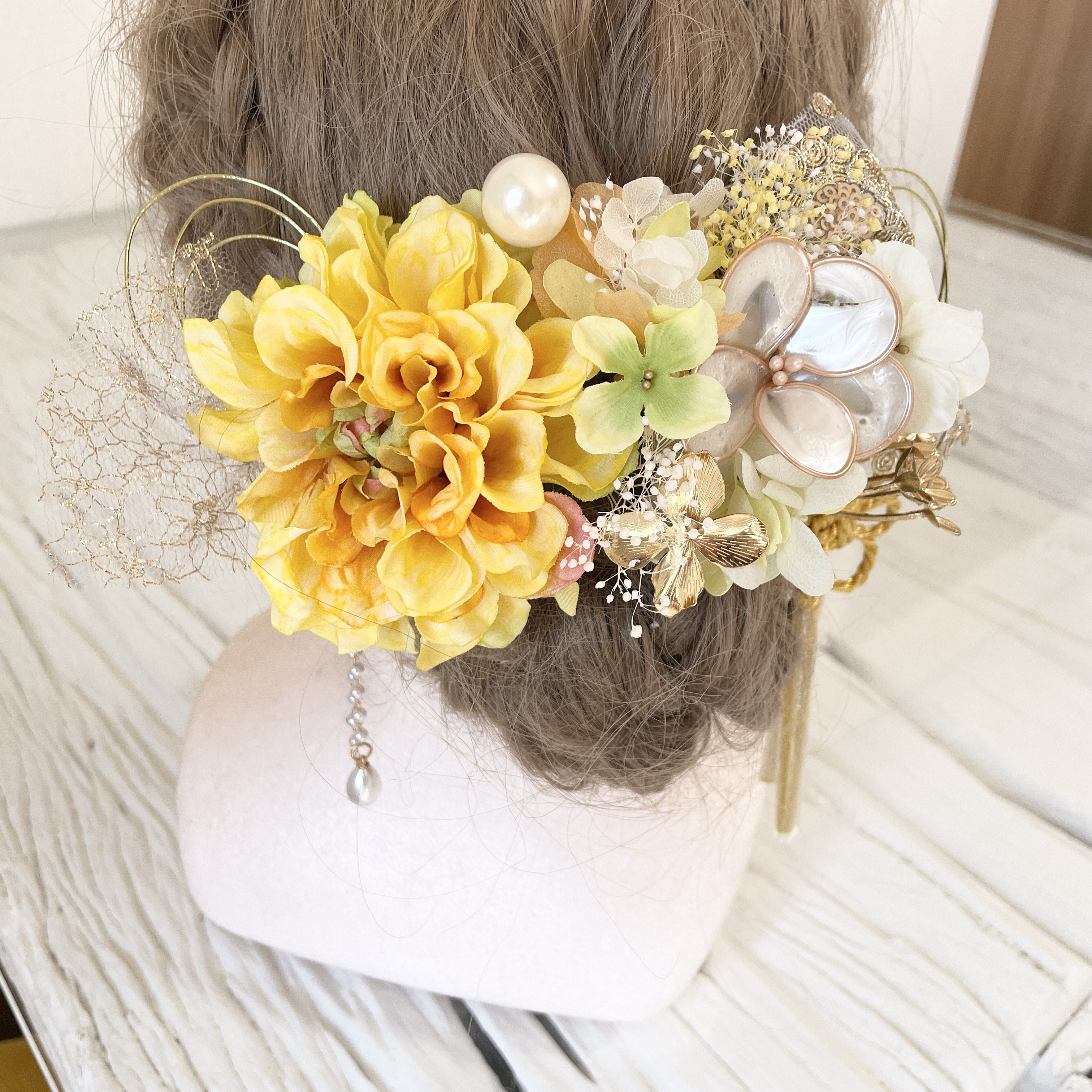 和装髪飾り　ヘッドドレス　水引×金箔×リボン