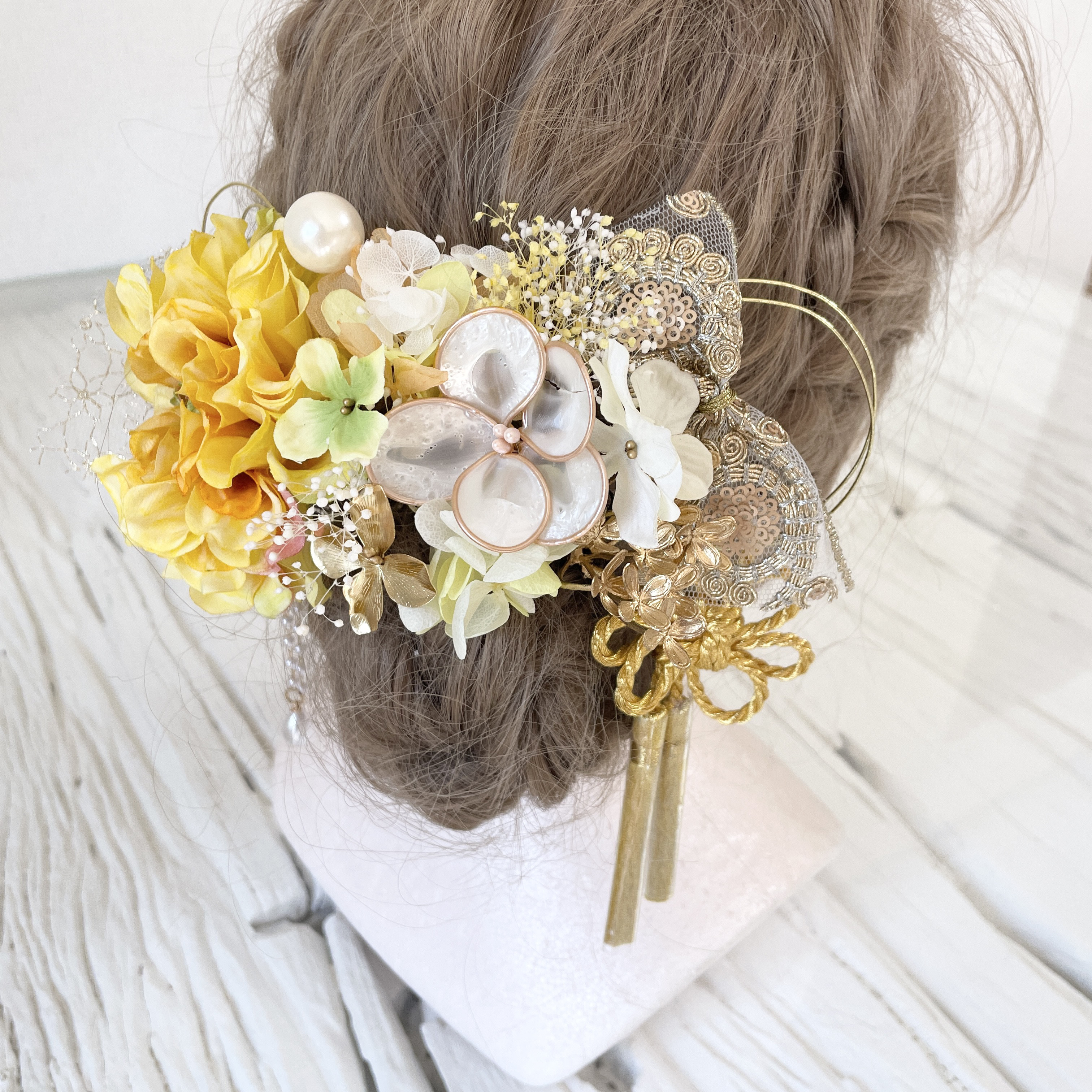 和装髪飾り　ヘッドドレス　水引×金箔×リボン