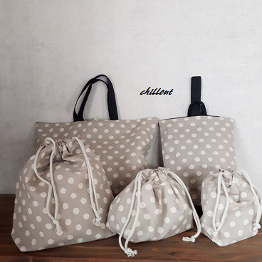 【ソフトリネン】入園バッグ5点セット：ドット：グレージュ【0487】