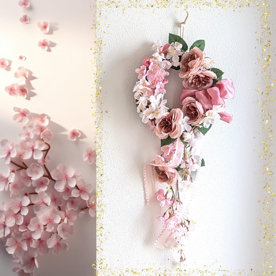 ずっときれい！桜とフレンチローズとおリボンのアーティフィシャルフラワー（造花）リース