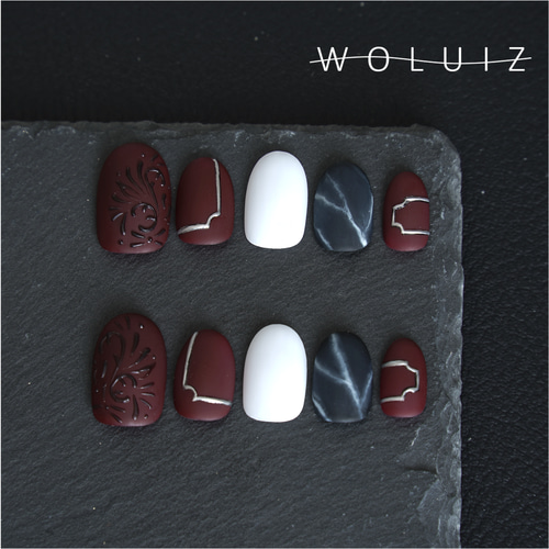 大理石 × ワインレッド ネイルチップ ネイルチップ（つけ爪