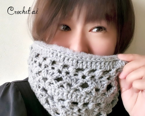 アルベロベロ かぎ編みモチーフが可愛いネックウォーマー♡ 暖かい♡クロシェ編みネックウォーマー【グレー】 ネックウォーマー