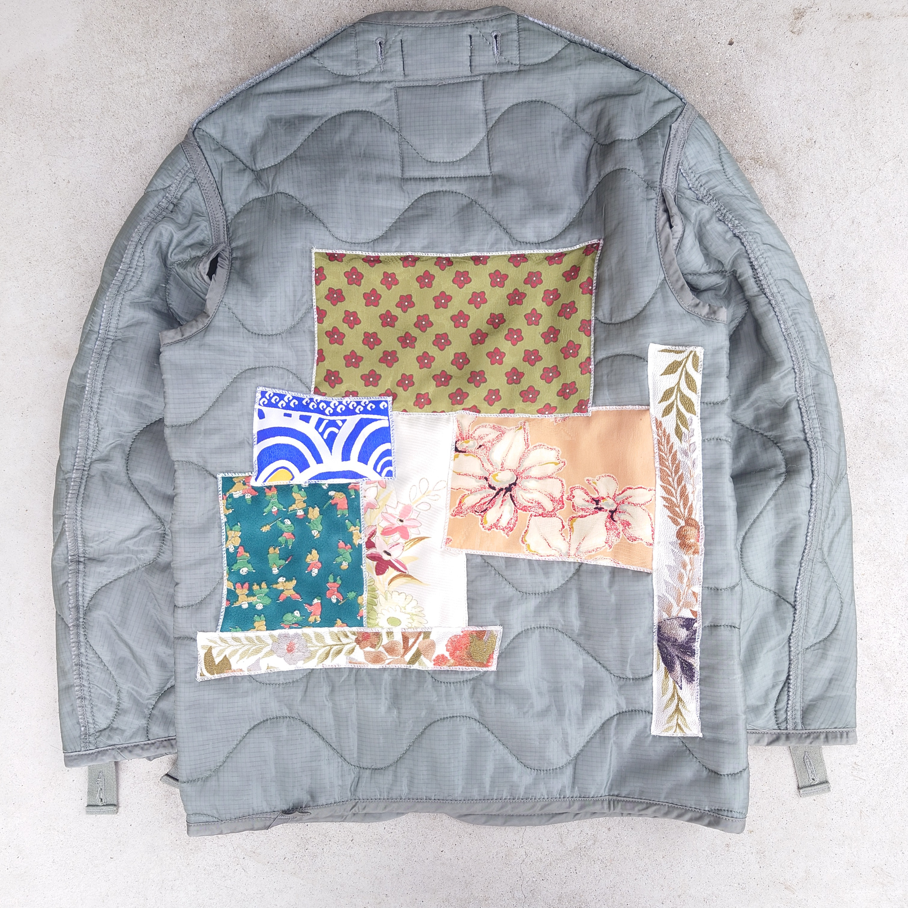 Acote ブロックパッチワーク ミリタリー ライナー ジャケット 着物リメイク ライトグリーン