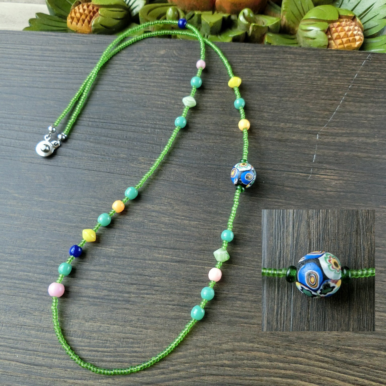 モレッティ製ミルフィオリとボヘミアンビーズのロングネックレス