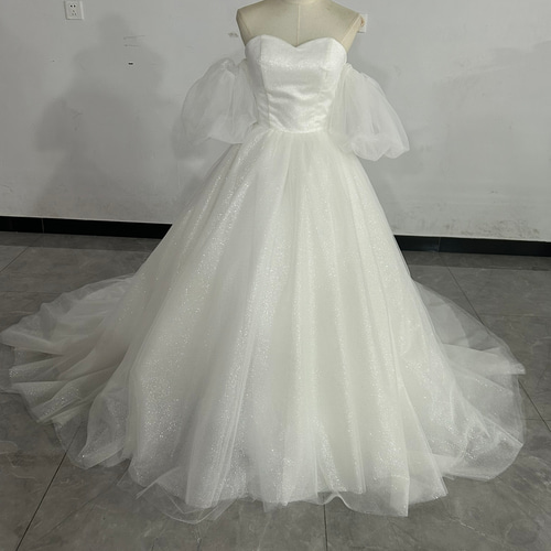 ベアトップチュールウェディングドレス結婚式 フラワーレース ベアトップ チュールドレス（W313）