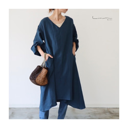 【全２２色】ふわふわ厚みが2倍！厚手ダブルガーゼワンピース／ボリューム袖のバックタックVネックリラクシングワンピース 3枚目の画像