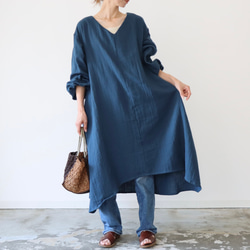 【全２２色】ふわふわ厚みが2倍！厚手ダブルガーゼワンピース／ボリューム袖のバックタックVネックリラクシングワンピース 8枚目の画像