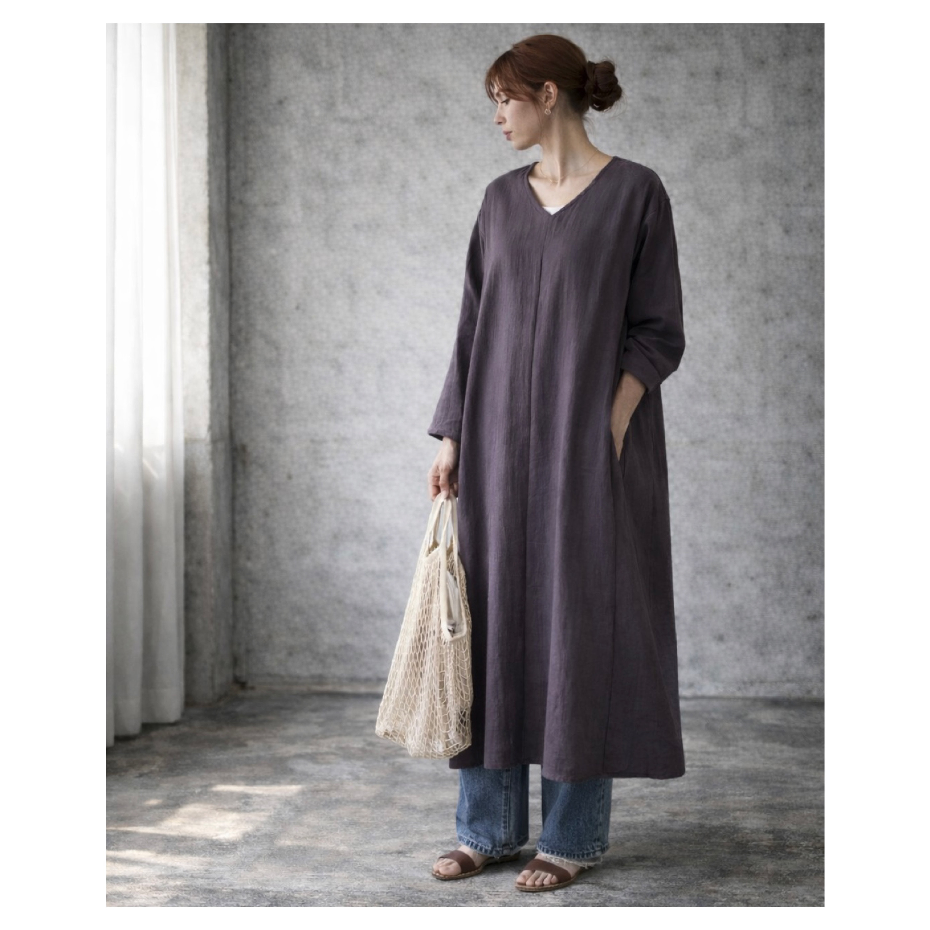 ふわふわ厚みが2倍／ゆったりリラックスワンピース／厚手ダブルガーゼワンピース／オーバーサイズ／ルームウェア／チャコール