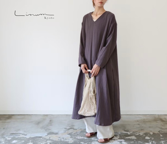 ふわふわ厚みが2倍／ゆったりリラックスワンピース／厚手ダブルガーゼワンピース／オーバーサイズ／ルームウェア／チャコール 1枚目の画像