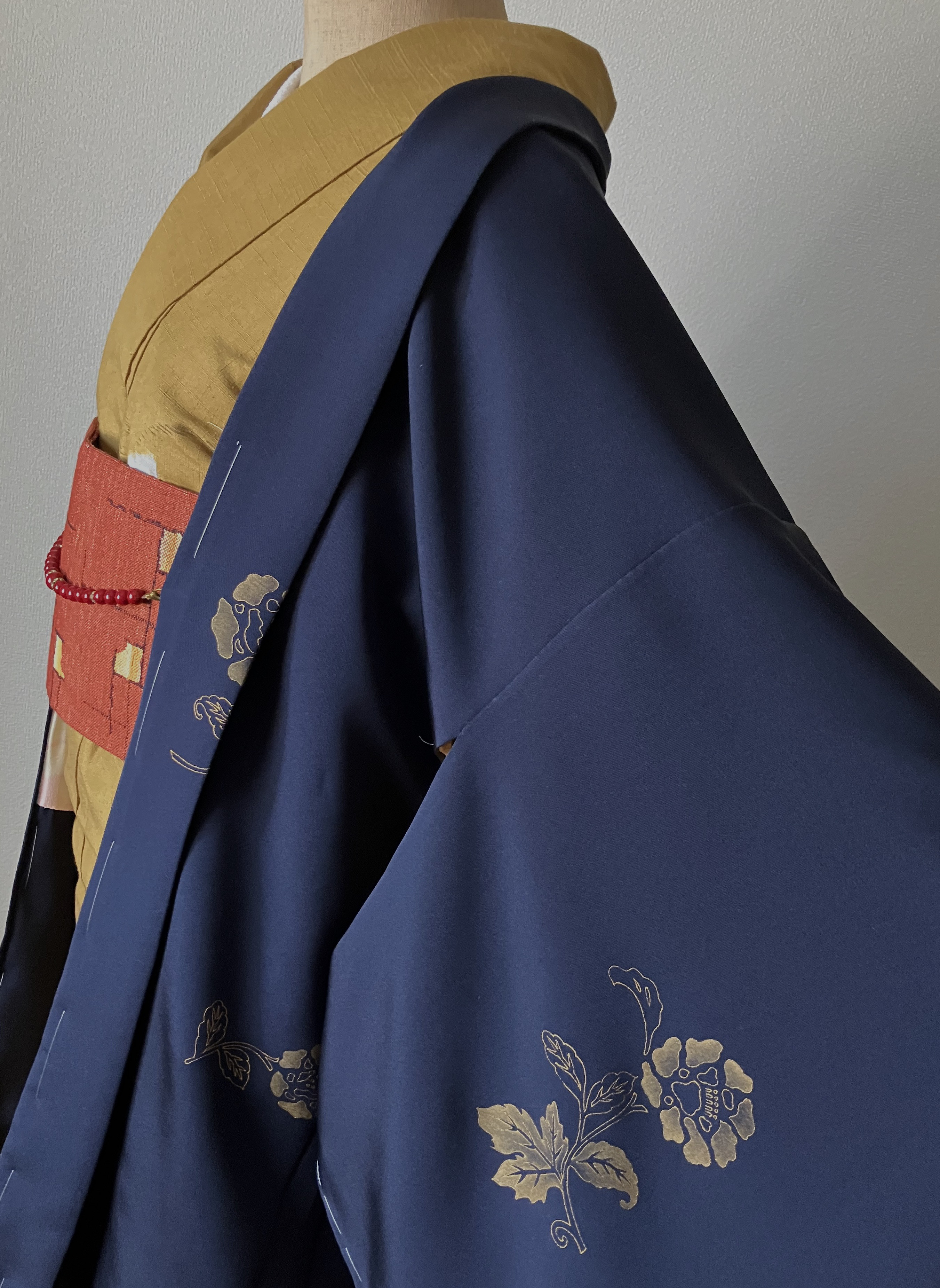 紬着物 木々に美しい花模様 水色 KK-2097 銀座【K-9823】夏紬地 染名古屋帯 濃藍色×天鵞絨色 横段に波や雲