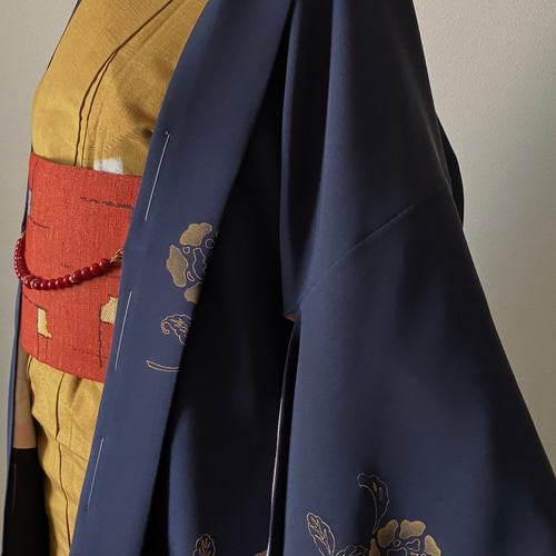 正絹 袷羽織 ミッドナイトブルーに絵羽模様刺繍花柄 着物 さまだ