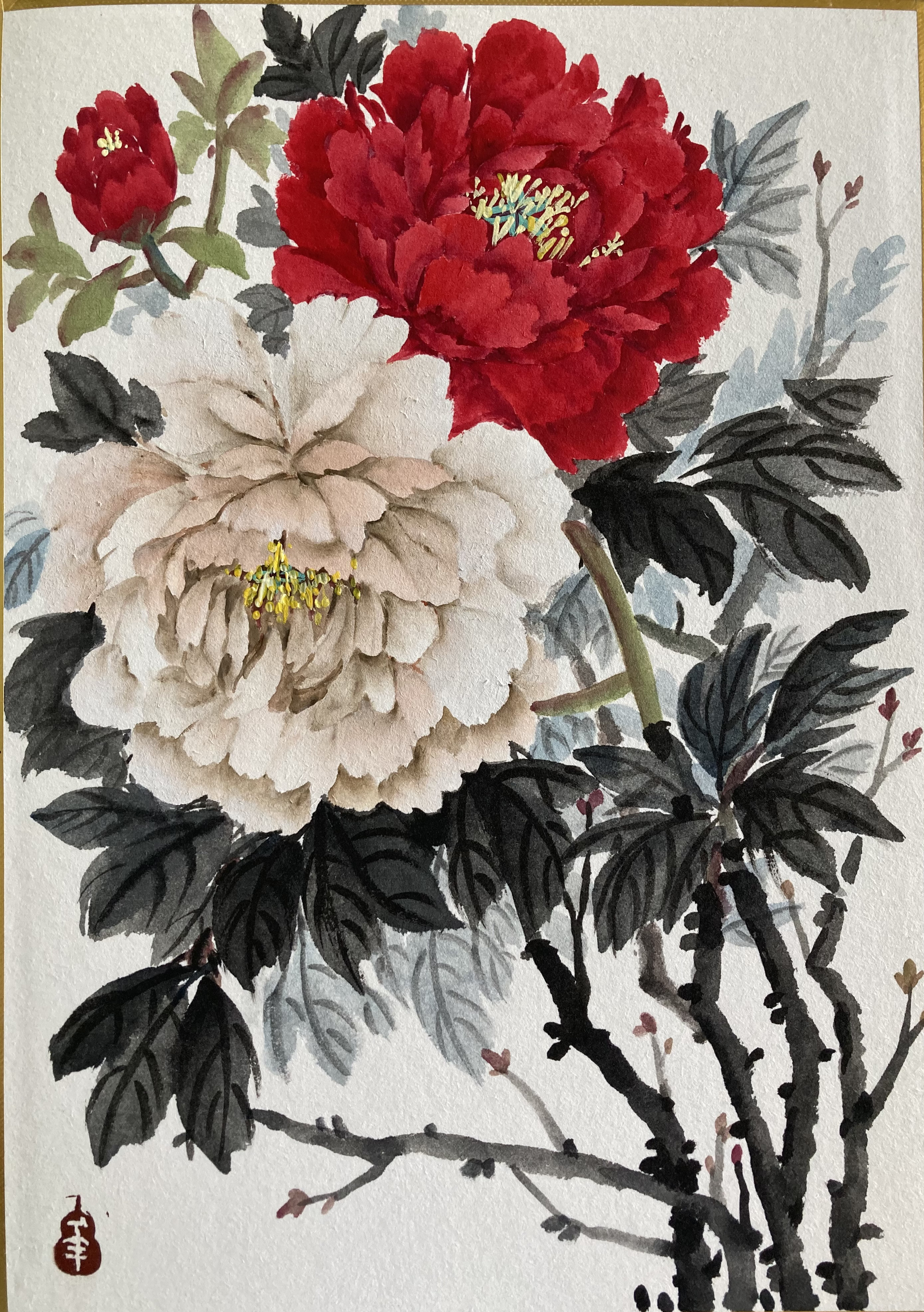 Sale【ART】水墨画牡丹掛け軸
