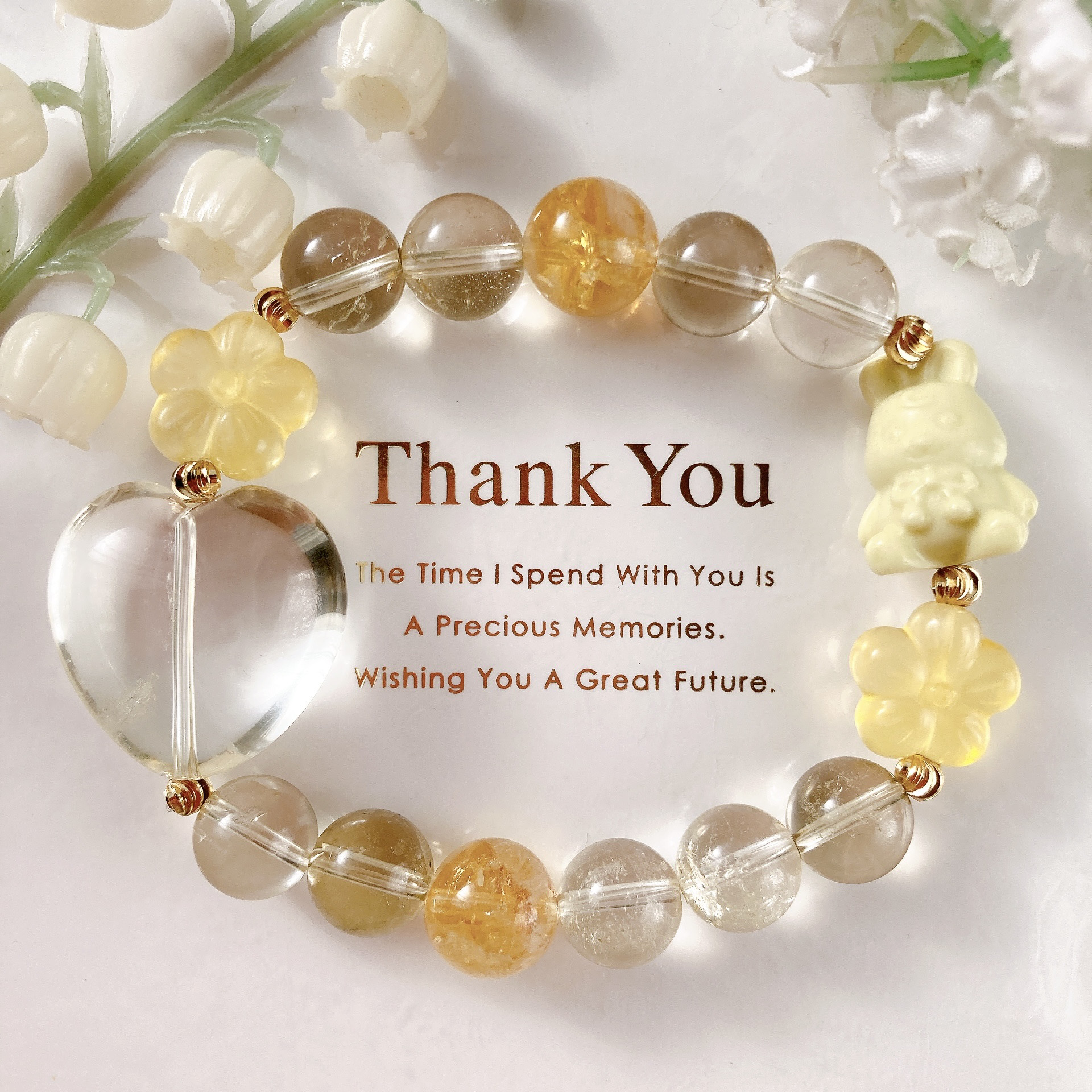 アラシャンうさぎちゃん大粒レモンクォーツハートお花天然石ブレスレット