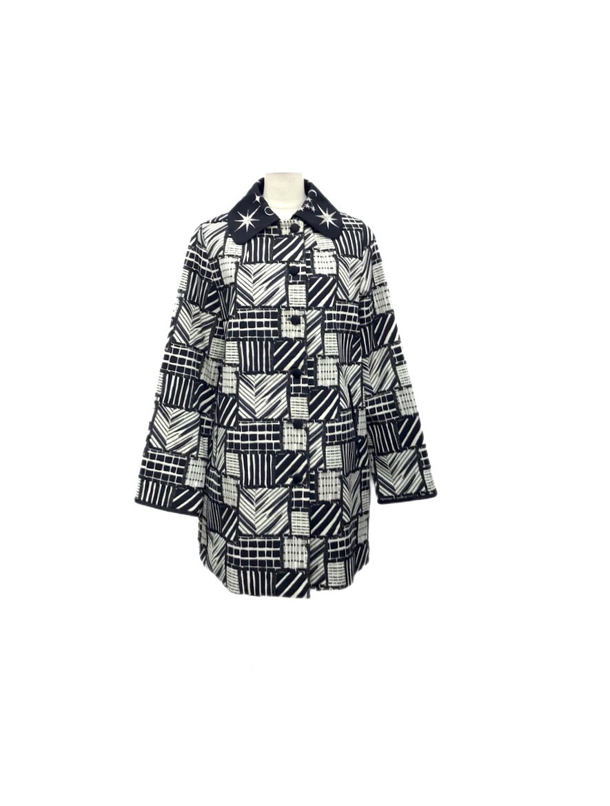 横振り刺繍襟 バイカラー イタリア ジャガードコート ジャケット ブラック ホワイト ミドル丈 オールシーズン コットン