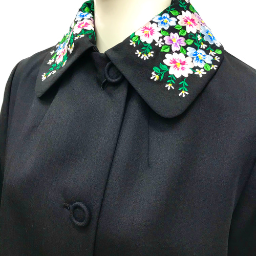 横振り刺繍 テーラードコート ブラック 花柄 ロング丈 オール