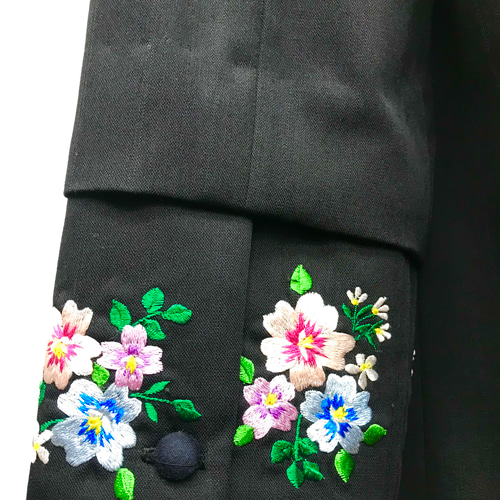 横振り刺繍 テーラードコート ブラック 花柄 ロング丈 オール
