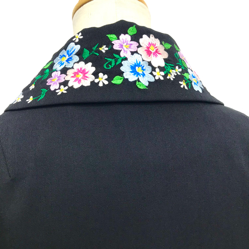 横振り刺繍 テーラードコート ブラック 花柄 ロング丈 オール