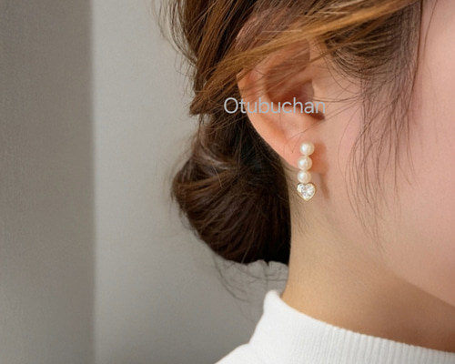 大人の3連パール＆ハートピアス パールピアス ジルコニアピアス ハート
